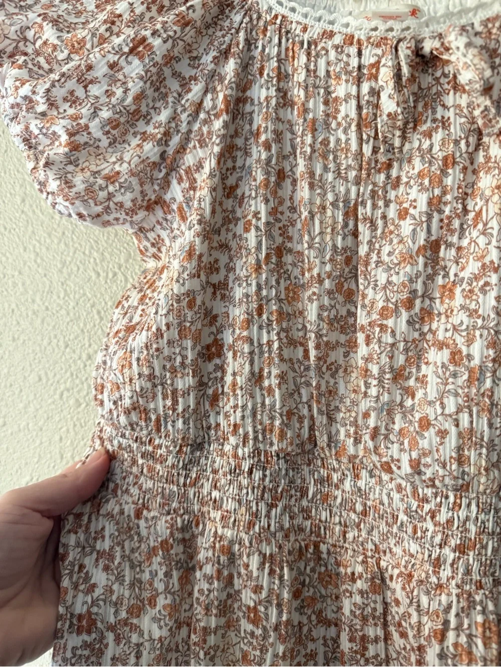 Girls Smocked Floral Puff Sleeve Dress - Blush & White